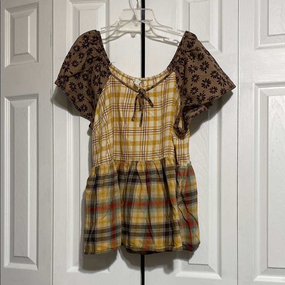 Cute Choices Yellow brown Plaid & Floral smock top shirt size 18W  /  20W